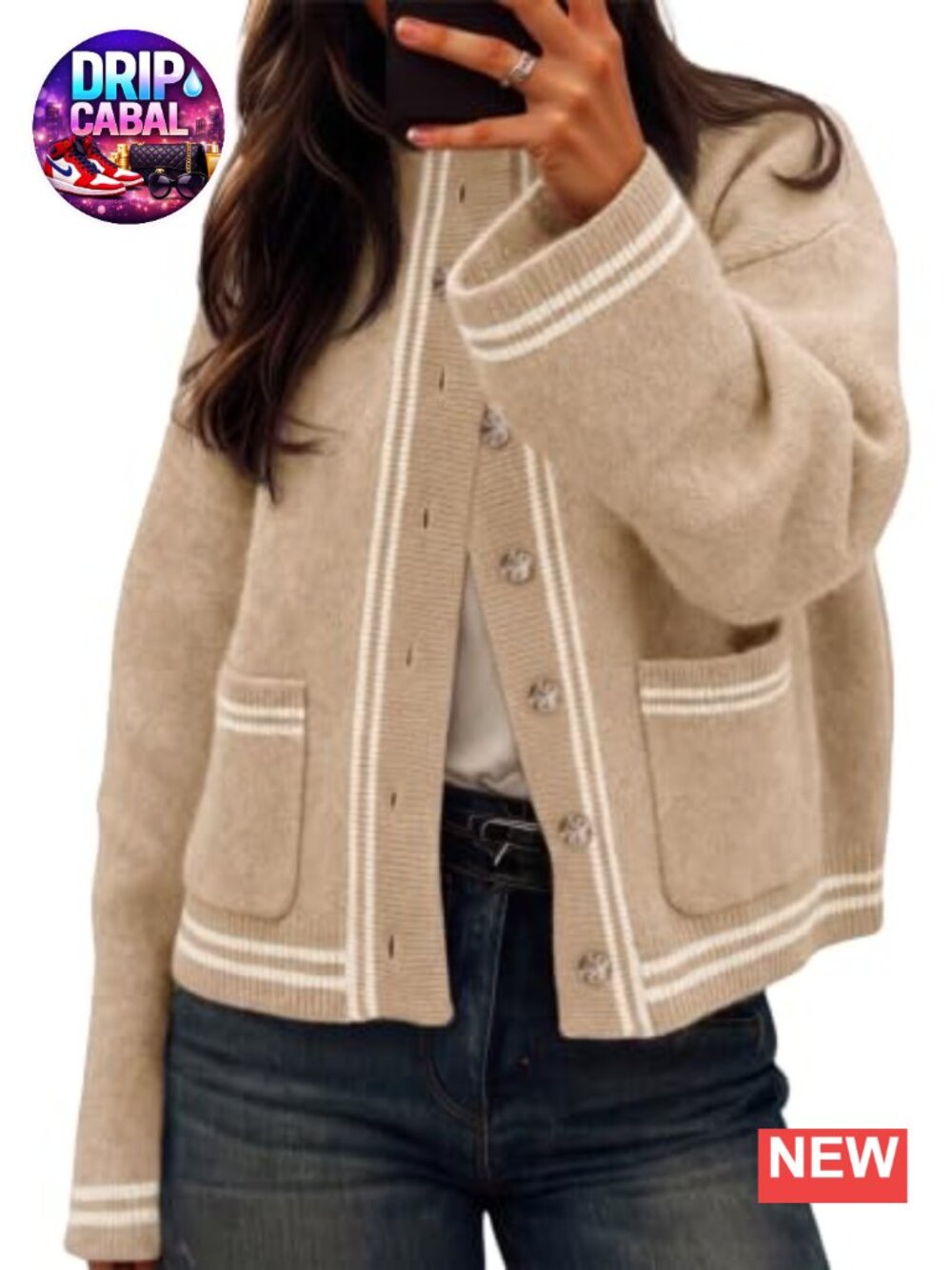 Chunky Knit Cardigan Striped Trim Mock Neck Sweater